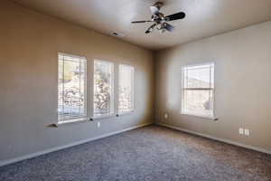 Unfurnished room featuring carpet floors, a textured ceiling, ceiling fan, and a healthy amount of sunlight