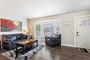 Living room with dark wood-type flooring and vaulted ceiling