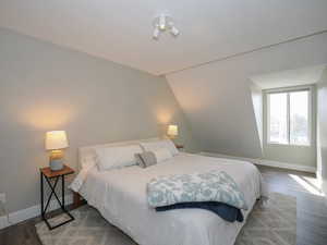 Bedroom with lofted ceiling and hardwood / wood-style floors