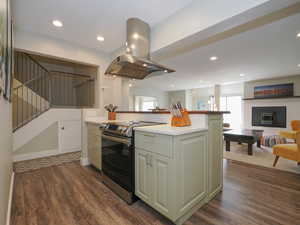 Kitchen with dark hardwood / wood-style flooring, stainless steel electric range, and island range hood