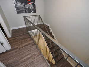 Staircase featuring dark hardwood / wood-style floors