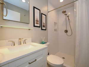 Bathroom featuring toilet, vanity, and a shower with shower curtain