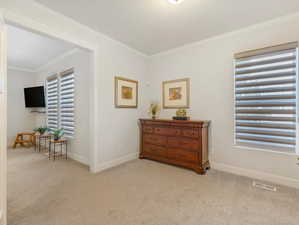 Living area with light carpet and ornamental molding