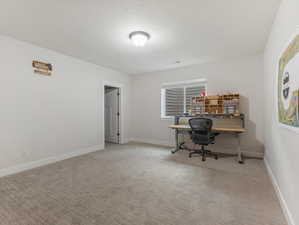 Home office with light colored carpet