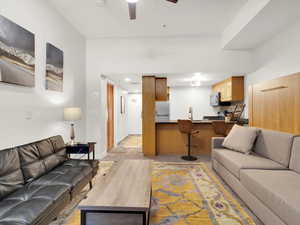 Living room featuring sink, light wood-type flooring, and ceiling fan