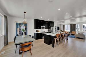 Kitchen featuring pendant lighting, an island with sink, light wood-type flooring, sink, and appliances with stainless steel finishes