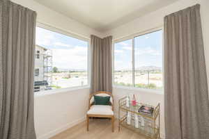 Living area with light hardwood / wood-style floors and a wealth of natural light