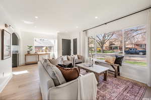 Living room with plenty of natural light and light wood-type flooring