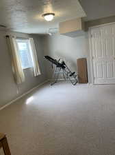 Interior space with carpet and a textured ceiling