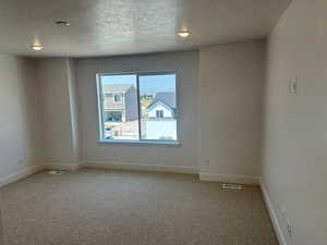 Unfurnished room with a textured ceiling and carpet flooring