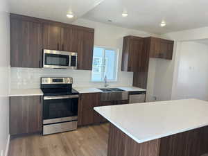 Kitchen with sink, decorative backsplash, light hardwood / wood-style flooring, and stainless steel appliances