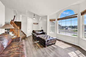 Living room with wood-type flooring