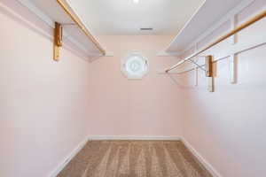 Primary walk in closet featuring carpet flooring and a small window.