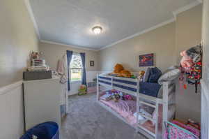 Bedroom featuring crown molding, light colored carpet, and a textured ceiling