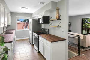 Kitchen featuring wooden counters, white cabinetry, appliances with stainless steel finishes, wood-type flooring, and sink