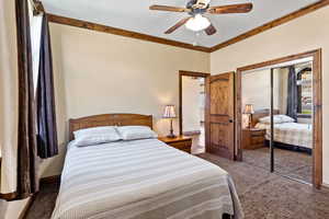 Bedroom featuring ornamental molding, a closet, ceiling fan, and dark carpet