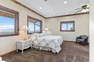 Bedroom featuring carpet and ceiling fan