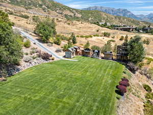 Aerial view featuring a mountain view