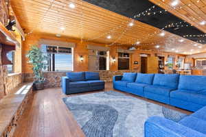 Entertainment room featuring wooden ceiling and wood-type flooring