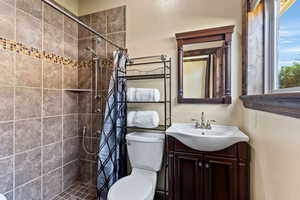 Bathroom featuring vanity, a shower with curtain, and toilet