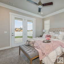 Bedroom featuring carpet flooring, french doors, access to outside, ceiling fan, and ornamental molding