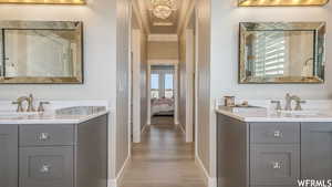 Bathroom with vanity, crown molding, and hardwood / wood-style floors