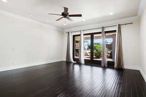 Master Bedroom featuring ceiling fan, hardwood / wood-style flooring, and ornamental molding