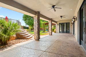 View of patio / terrace with ceiling fan and french doors