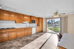 Kitchen with ceiling fan, rail lighting, crown molding, stainless steel microwave, and dishwasher