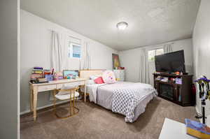 Bedroom featuring carpet and a textured ceiling