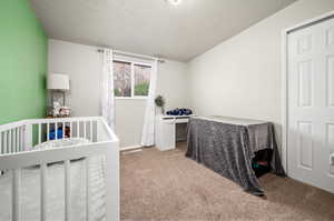 Bedroom featuring a crib, a textured ceiling, and light colored carpet