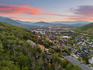 Aerial view at dusk with a mountain view