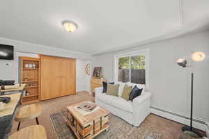 Darling living room area with a built-in Murphy bed and shelving