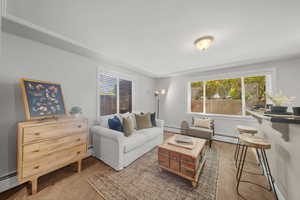 Carpeted living room with baseboard heating and beautiful natural light