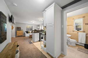 Entry area with storage cupboards and kitchen shelving