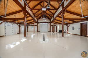 Garage featuring wood ceiling and electric panel