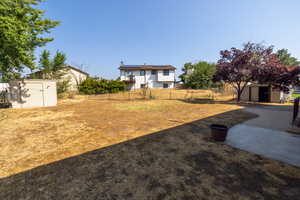 View of yard featuring a storage sheds and a patio