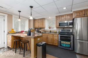 Lower Level Kitchen featuring stainless steel appliances, a kitchen breakfast bar, a drop ceiling, and dark wood-type flooring