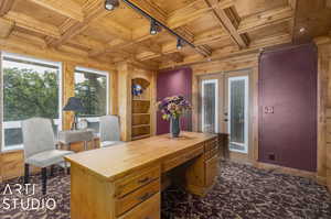 Library office space with wood ceiling, beamed ceiling, and coffered ceiling