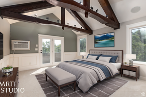 Bedroom featuring a wall mounted air conditioner, carpet floors, high vaulted ceiling, and beamed ceiling