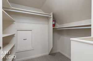 Spacious closet with carpet flooring and vaulted ceiling