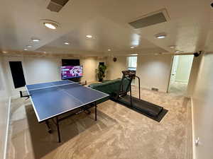 Recreation room with light carpet