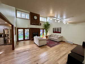 Living room featuring plenty of natural light, rail lighting, light wood-type flooring, and a textured ceiling