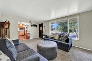 Carpeted living room featuring ceiling fan