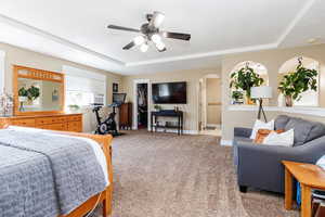 Carpeted bedroom featuring ceiling fan, a tray ceiling, a closet, and a walk in closet