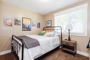 Carpeted bedroom featuring multiple windows