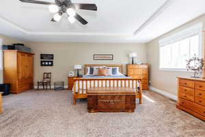 Bedroom featuring a tray ceiling, light carpet, and ceiling fan