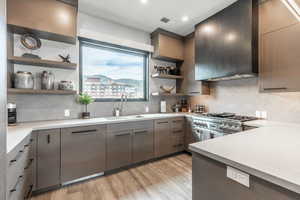 Kitchen with decorative backsplash, light hardwood / wood-style flooring, sink, and range with two ovens