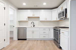 Kitchen with sink, appliances with stainless steel finishes, light wood-type flooring, and white cabinets