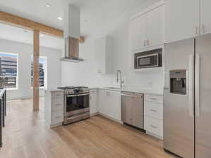 Kitchen with white cabinetry, stainless steel appliances, light hardwood / wood-style flooring, and sink